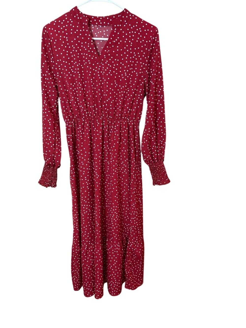 Red Polka Dot Shein Long Sleeve Midi Dress With Elastic Waist & Ruffle Cuff  S